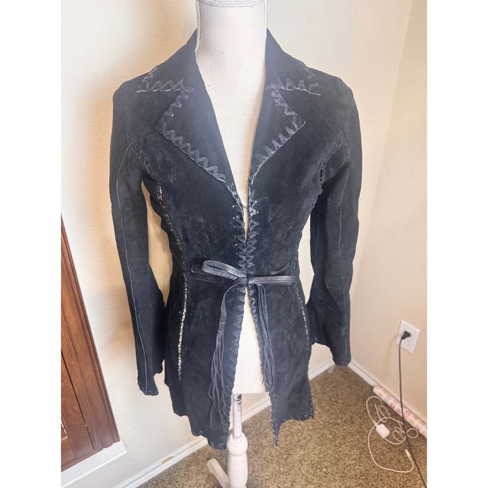 Wet Seal Vintage Black Suede Leather Whipstitch Jacket XS Boho Gothic Western